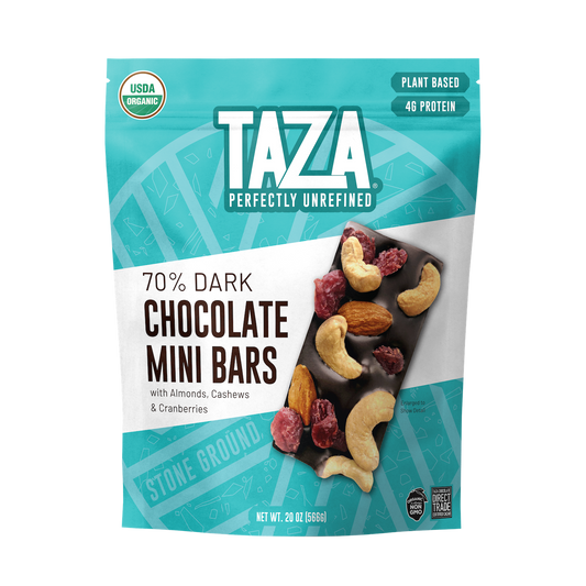 Taza Chocolate 70% Dark mini snack bars with almonds cashews & cranberries