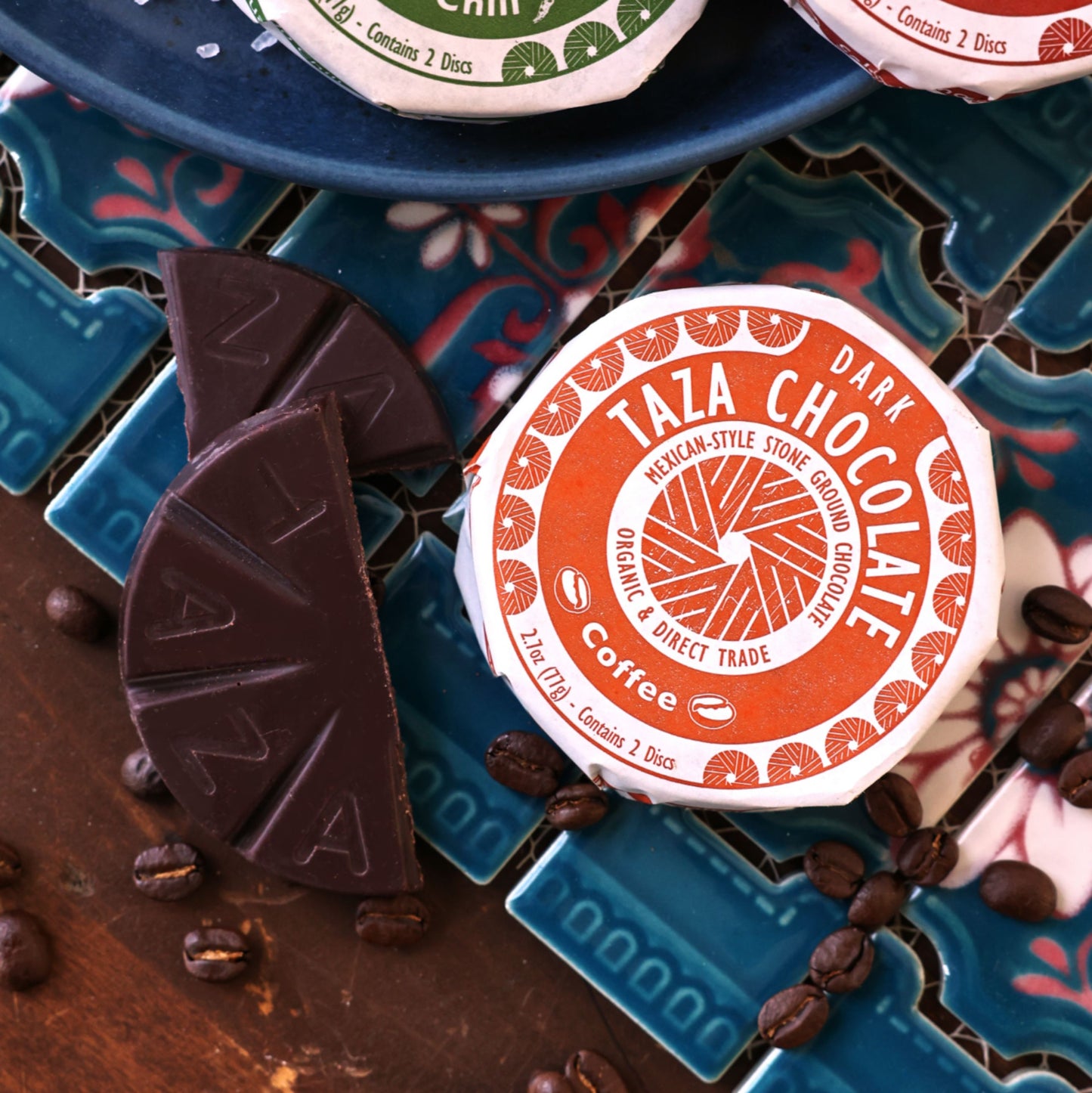 Closeup of a wrapped and unwrapped Coffee Chocolate Disc.