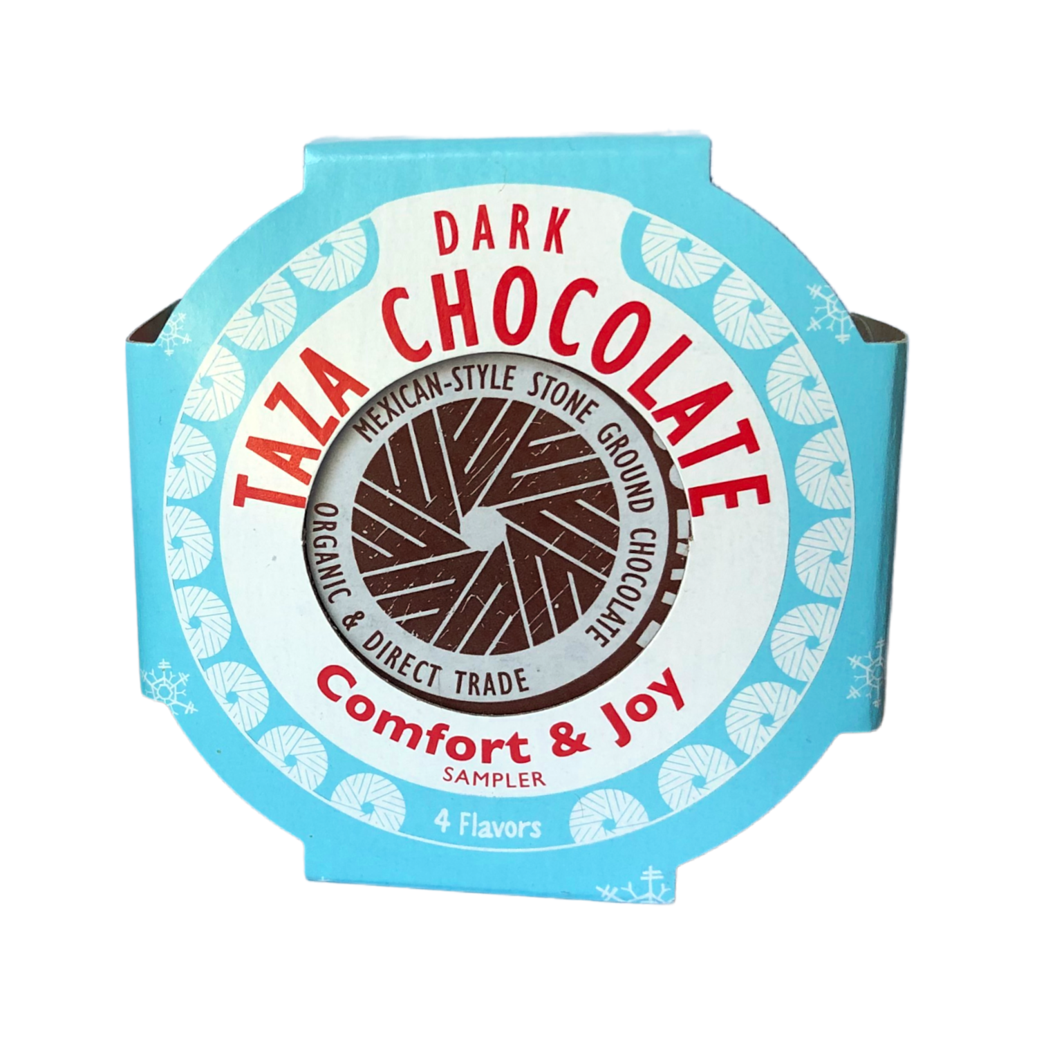 Taza Chocolate Comfort & Joy sampler packaging with blue and white design