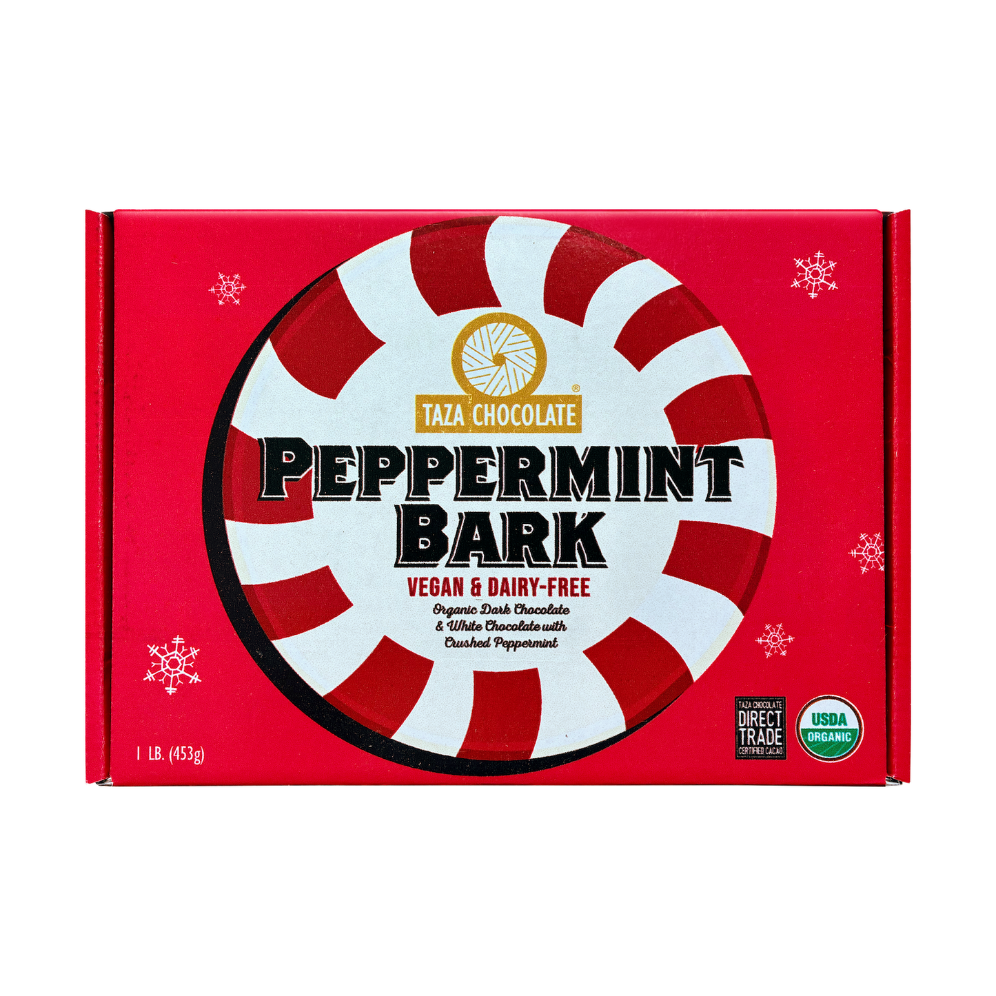 Taza Chocolate Peppermint Bark 1 lb. slab with dark chocolate and vegan white chocolate