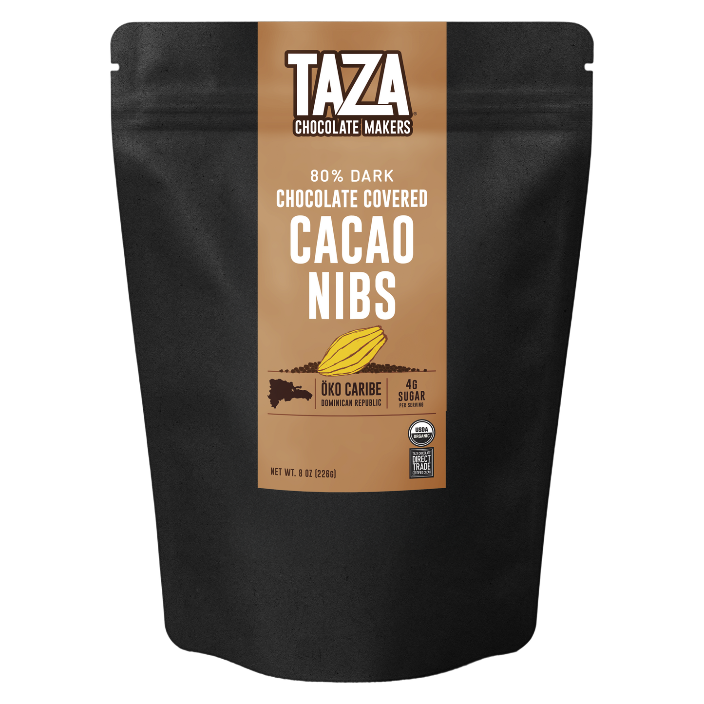 Taza Chocolate Makers 80% Dark Chocolate Covered Cacao Nibs packaging on a white background