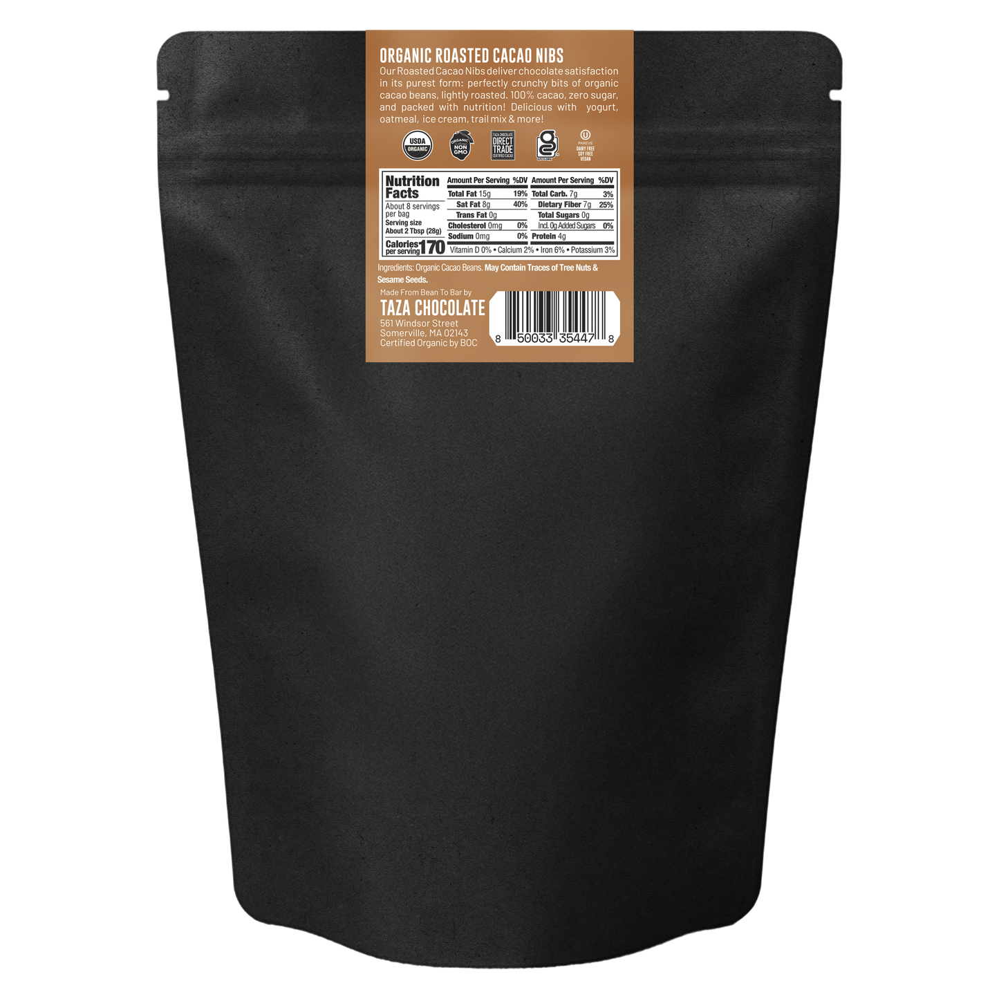 Black package of Taza Chocolate Covered Cacao Nibs with a label on a white background