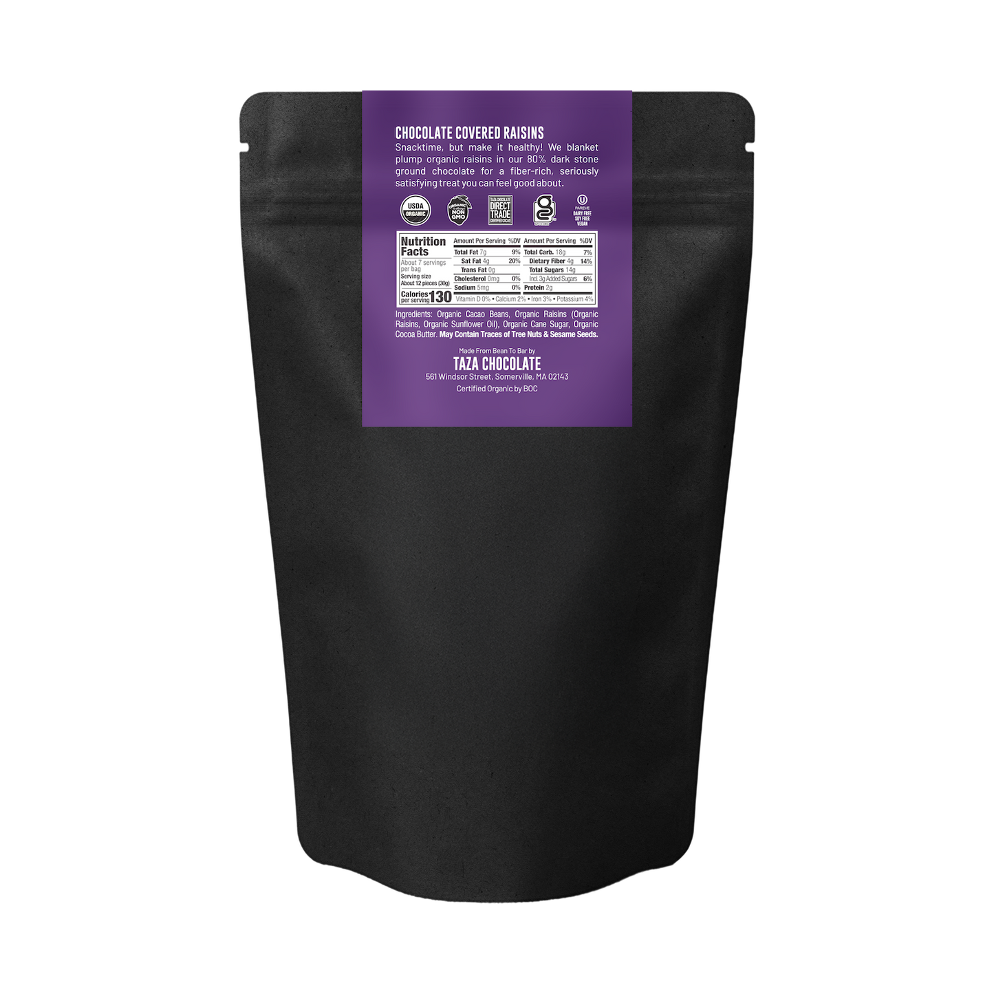 Back of a black stand-up pouch of Taza Chocolate Organic Chocolate Covered Raisins, featuring a purple label with product details and nutrition facts on a white background.