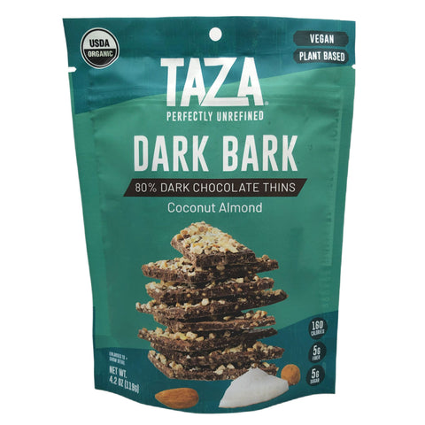 Taza Coconut Almond Dark Bark snacking chocolate