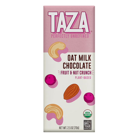Taza Oat Milk Chocolate Bar, Fruit & Nut, smooth creamy dairy free chocolate