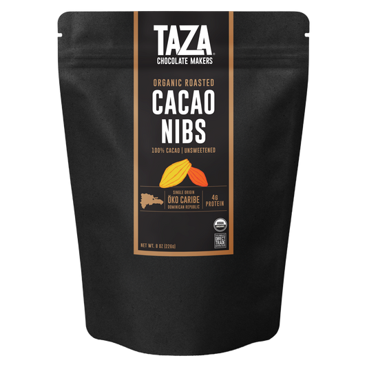 Taza Chocolate Makers organic roasted cacao nibs packaging on a white background