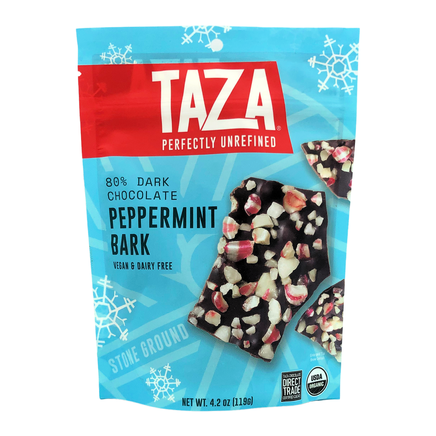 Taza peppermint bark packaging with a blue background