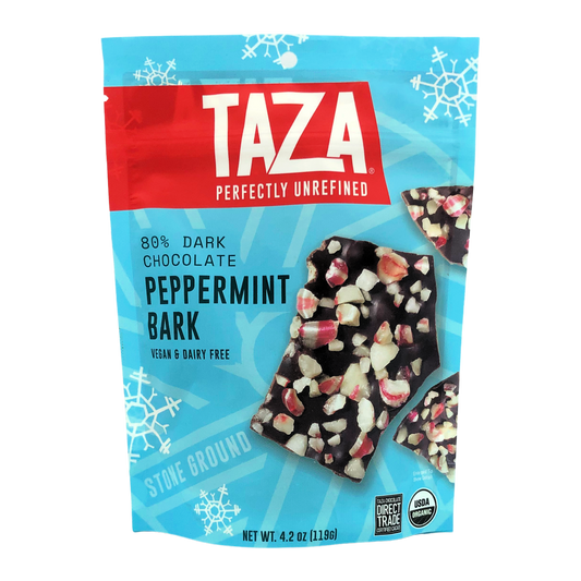 Taza peppermint bark packaging with a blue background