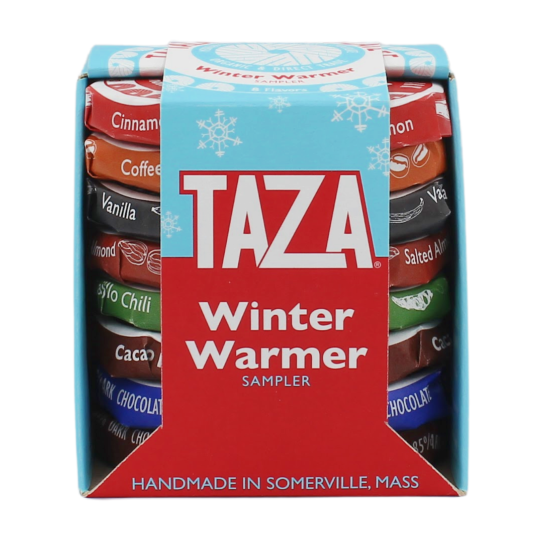 Taza Winter Warmer chocolate sampler packaging on a white background