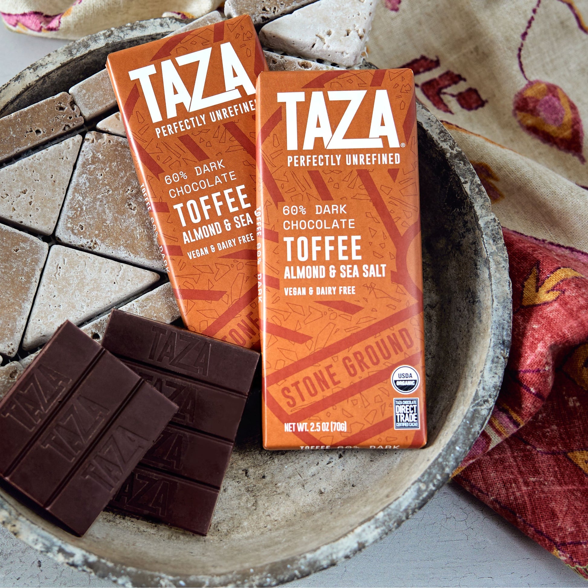 Wrapped and unwrapped Toffee Almond & Sea Salt bars.