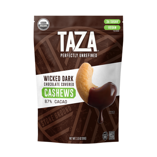 Taza Wicked Dark Chocolate Covered Cashews in resealable pouch