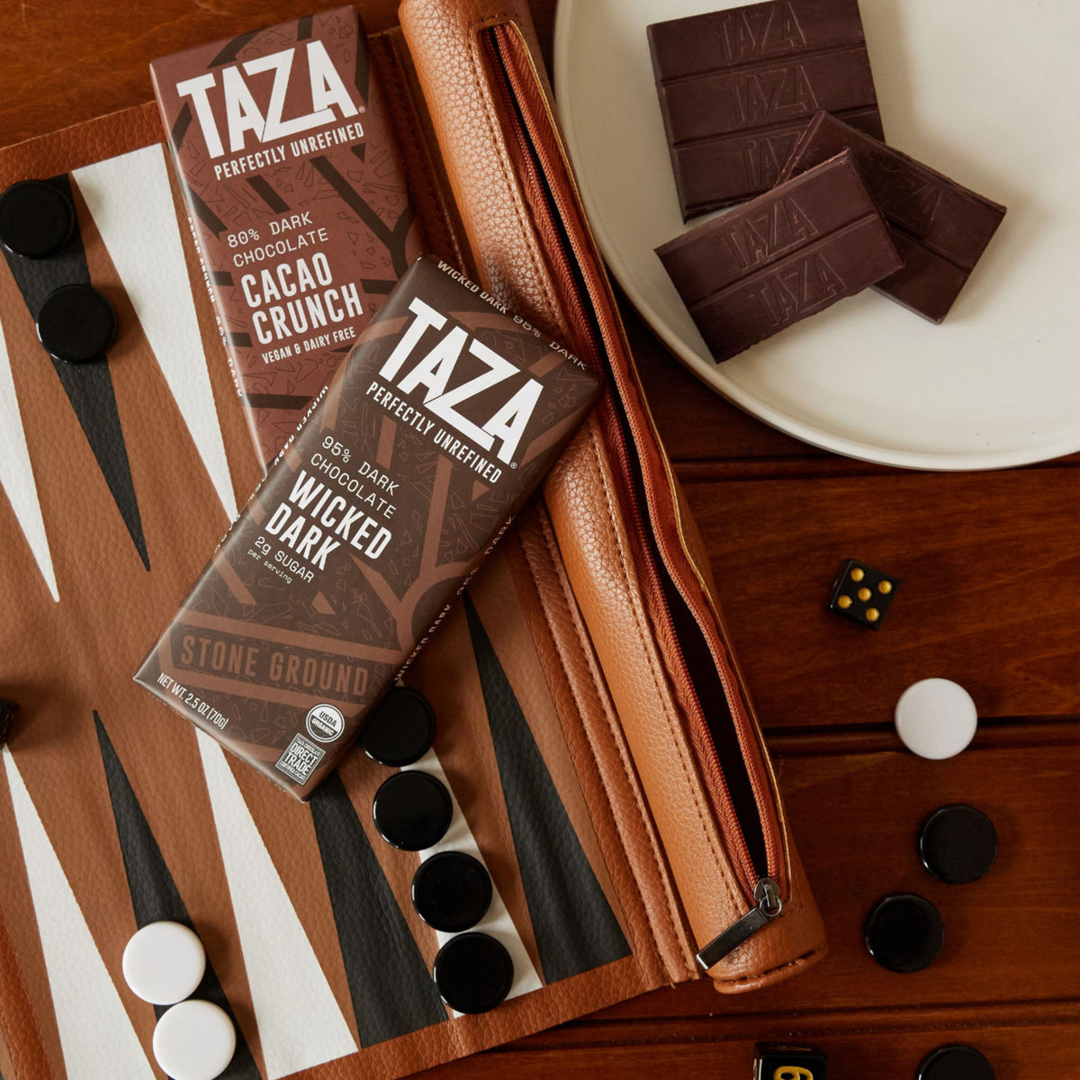 Cacao Crunch Bar in a family game night setting near a plate of unwrapped chocolate.