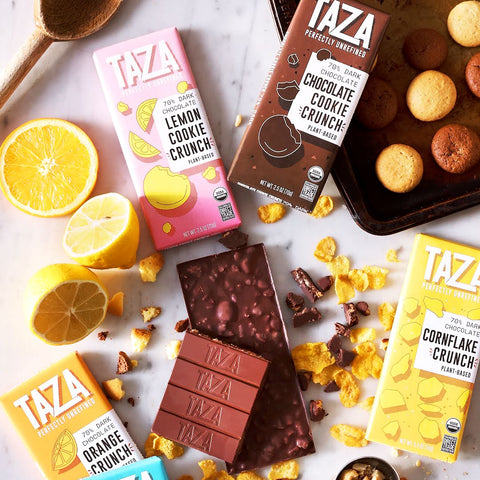 Taza Chocolate Smooth & Crunchy Bars: Lemon Cookie Crunch, Chocolate Cookie Crunch, Orange Crunch, Cornflake Crunch