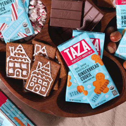 Closeup of Ginger Bread Cookie Bar, unwrapped chocolate, and ginger bread cookies.
