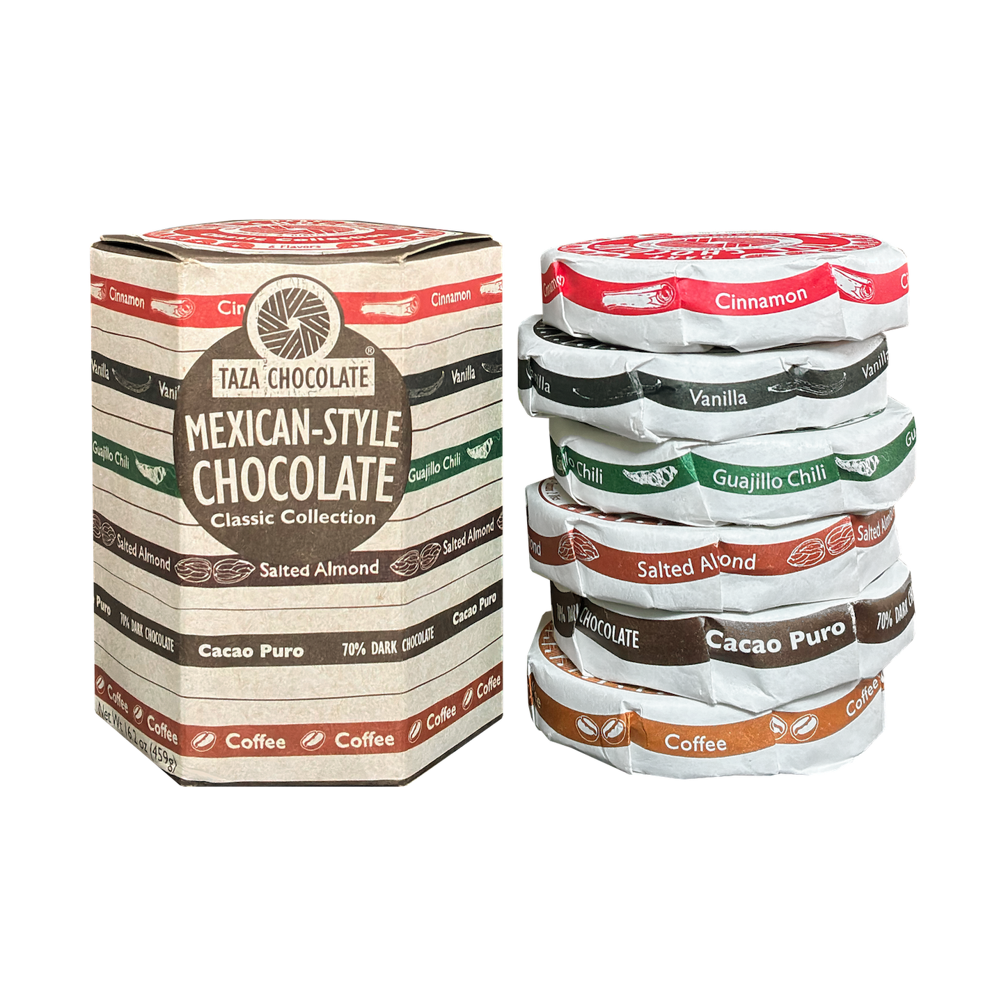Taza Classic Collection with 6 Disc flavors: Cacao Puro, Vanilla, Cinnamon, Guajillo, Coffee, Salted Almond