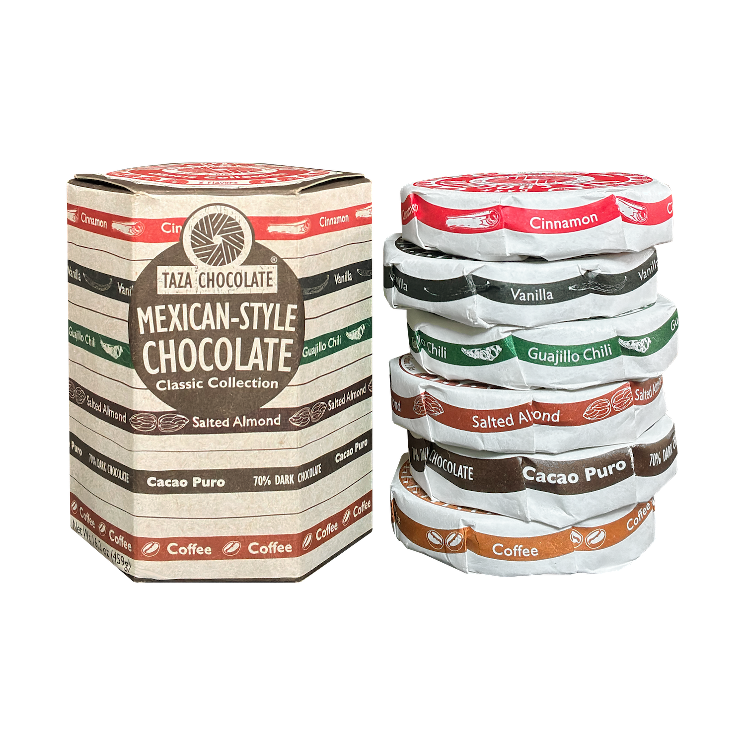 Taza Classic Collection with 6 Disc flavors: Cacao Puro, Vanilla, Cinnamon, Guajillo, Coffee, Salted Almond
