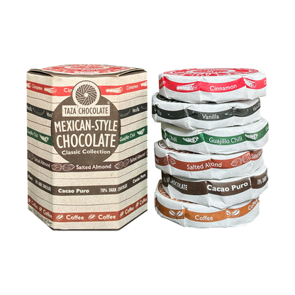 Taza Classic Collection with 6 Disc flavors: Cacao Puro, Vanilla, Cinnamon, Guajillo, Coffee, Salted Almond