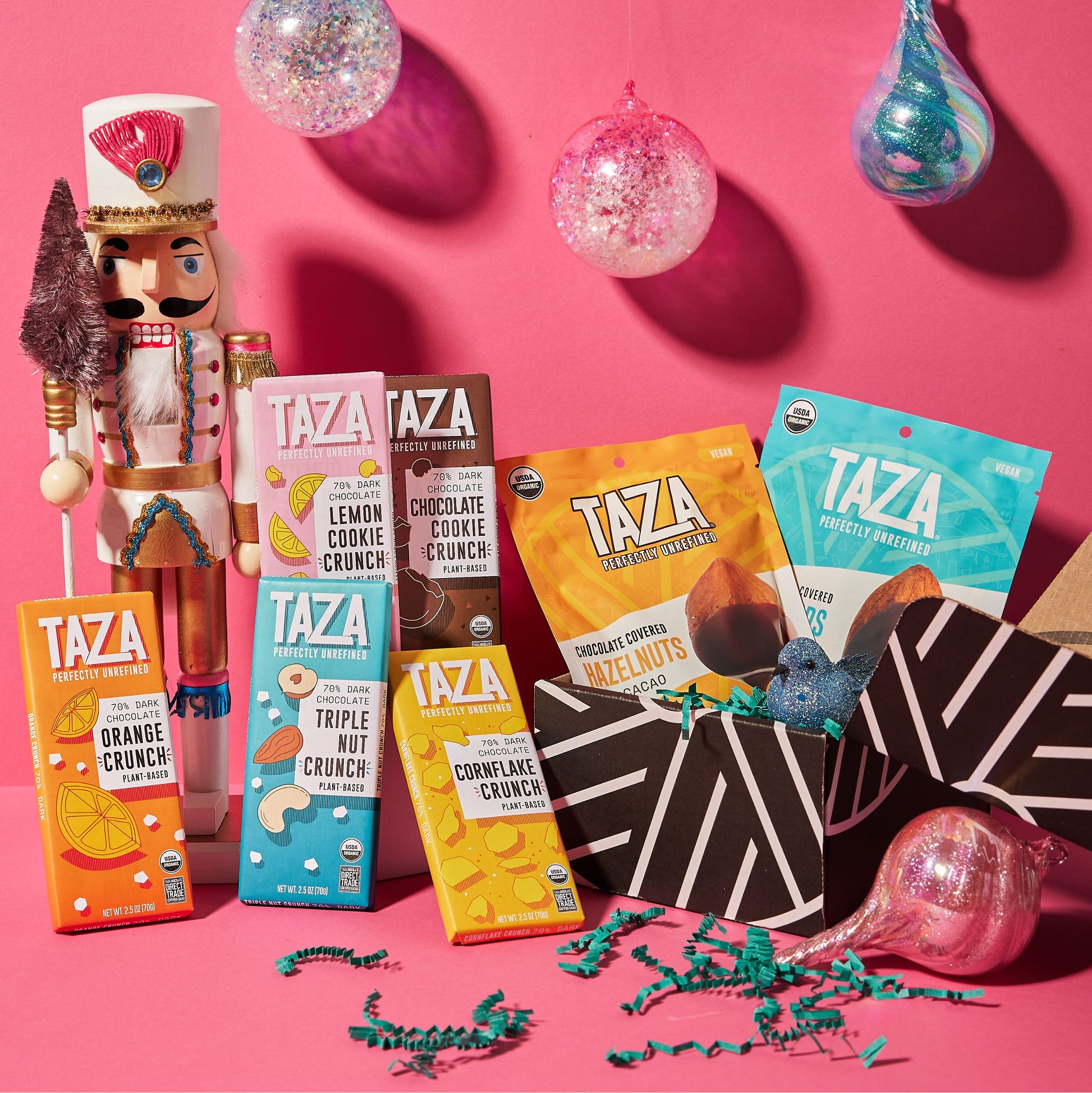 Contents of Smooth & Crunchy Gift Box Propped in festive background.
