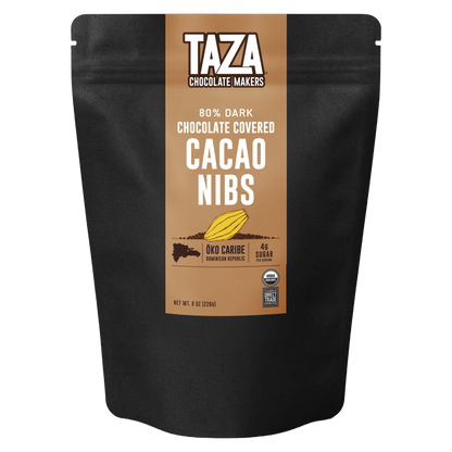 Taza Chocolate Makers 80% Dark Chocolate Covered Cacao Nibs packaging on a white background