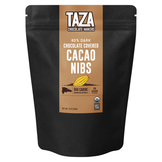 Taza Chocolate Makers 80% Dark Chocolate Covered Cacao Nibs packaging on a white background