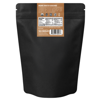 Black package of Taza Chocolate Covered Cacao Nibs with a label on a white background