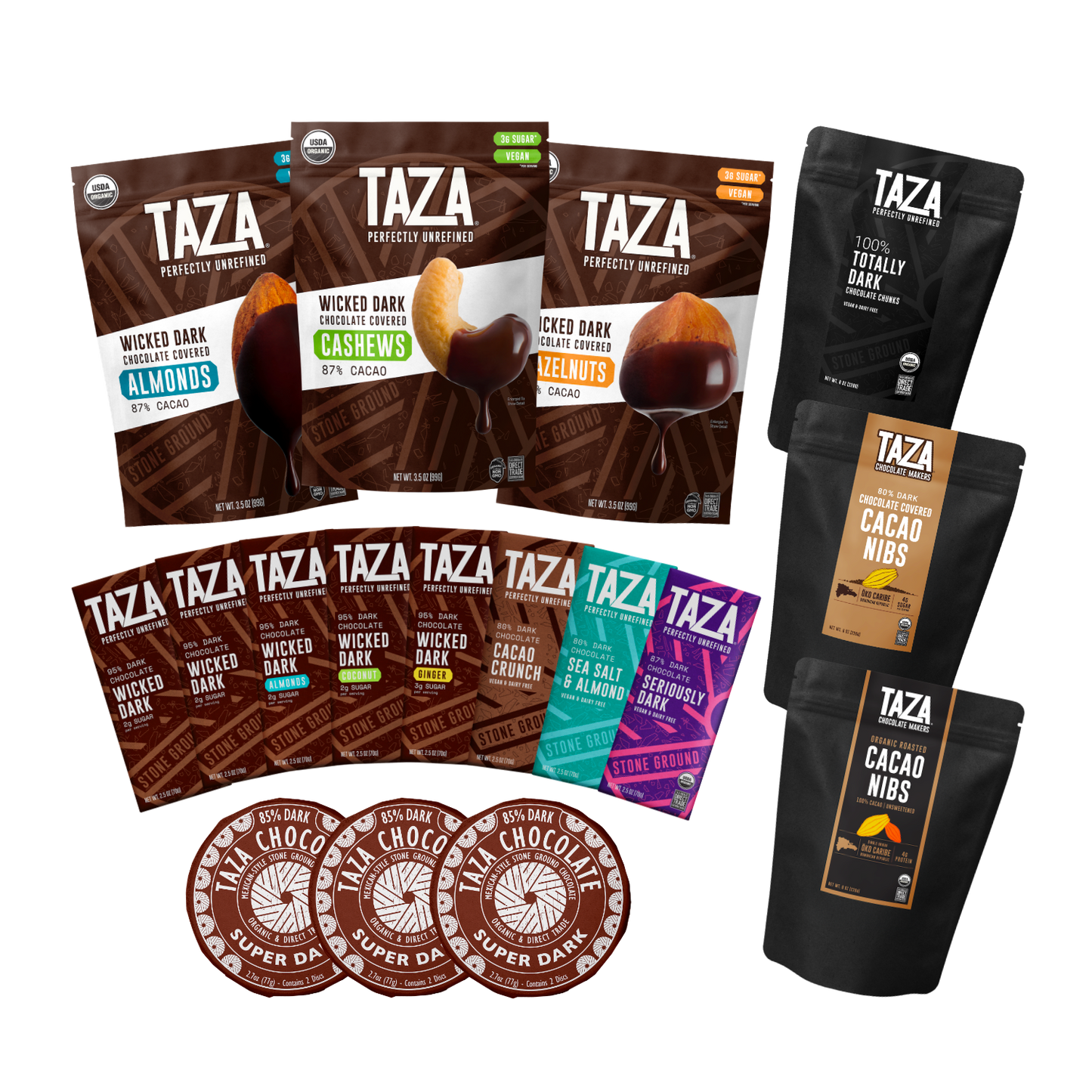 Contents of the Taza Chocolate Ultra Dark Chocolate Assortment including 8 chocolate bars, 3 chocolate discs, and 6 bags of chocolate snacks.