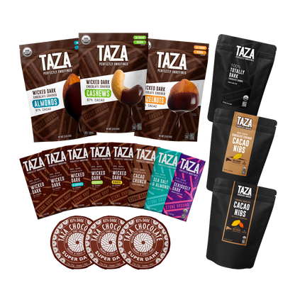 Contents of the Taza Chocolate Ultra Dark Chocolate Assortment including 8 chocolate bars, 3 chocolate discs, and 6 bags of chocolate snacks.