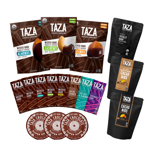 Contents of the Taza Chocolate Ultra Dark Chocolate Assortment including 8 chocolate bars, 3 chocolate discs, and 6 bags of chocolate snacks.