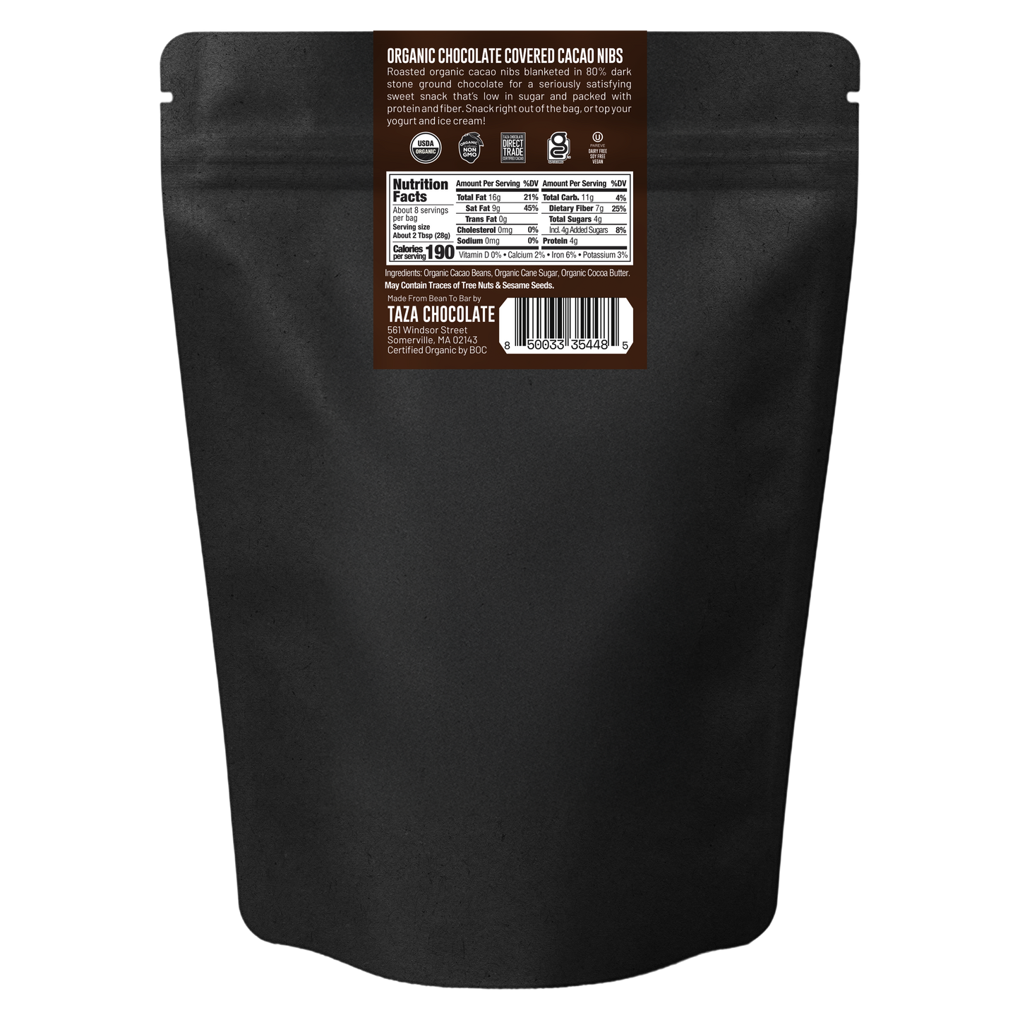 Black package of Taza Chocolate Covered Cacao Nibs with a label on a white background