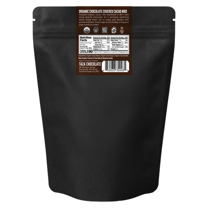 Black package of Taza Chocolate Covered Cacao Nibs with a label on a white background
