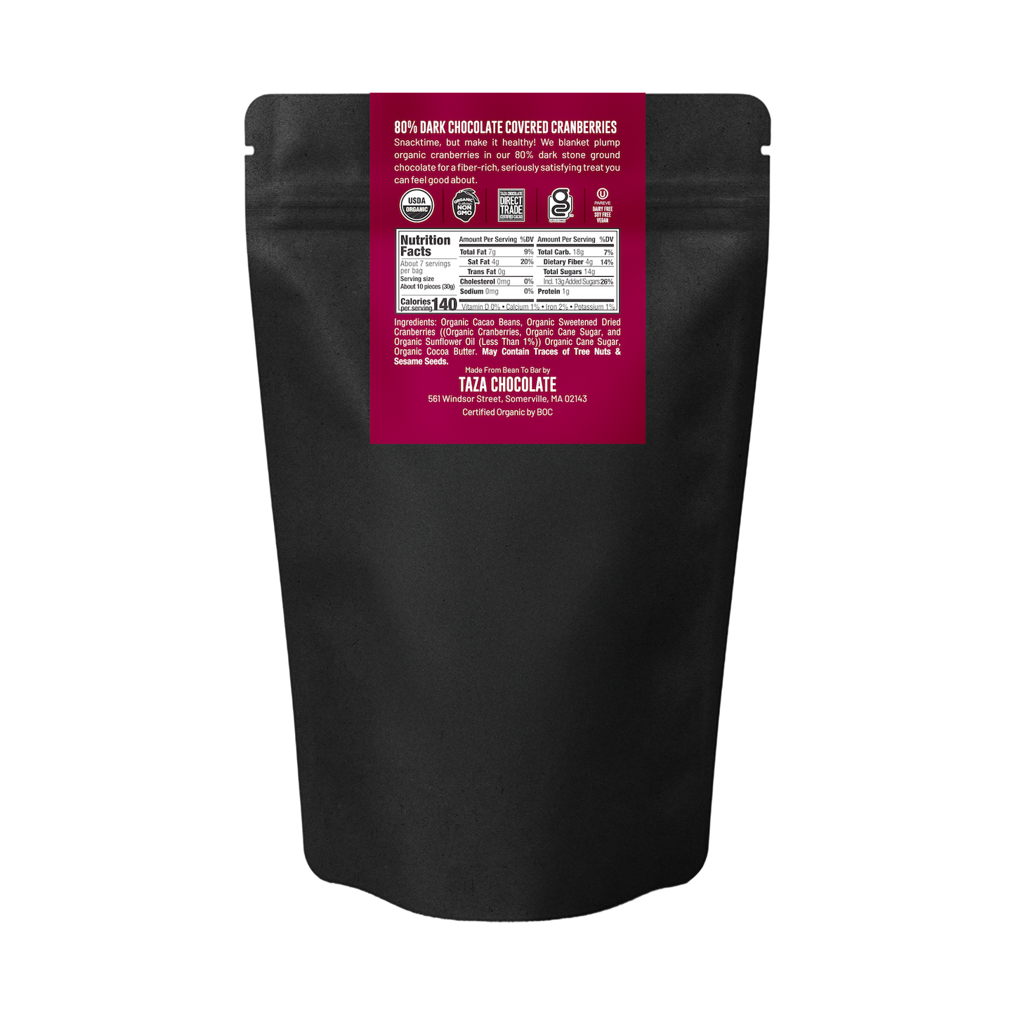 Back of stand up pouch of Taza Chocolate Covered Cranberries including ingredient list and nutrition panel