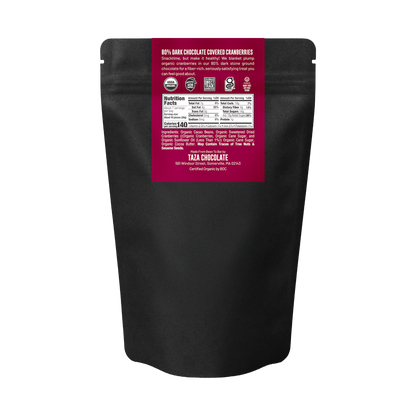 Back of stand up pouch of Taza Chocolate Covered Cranberries including ingredient list and nutrition panel