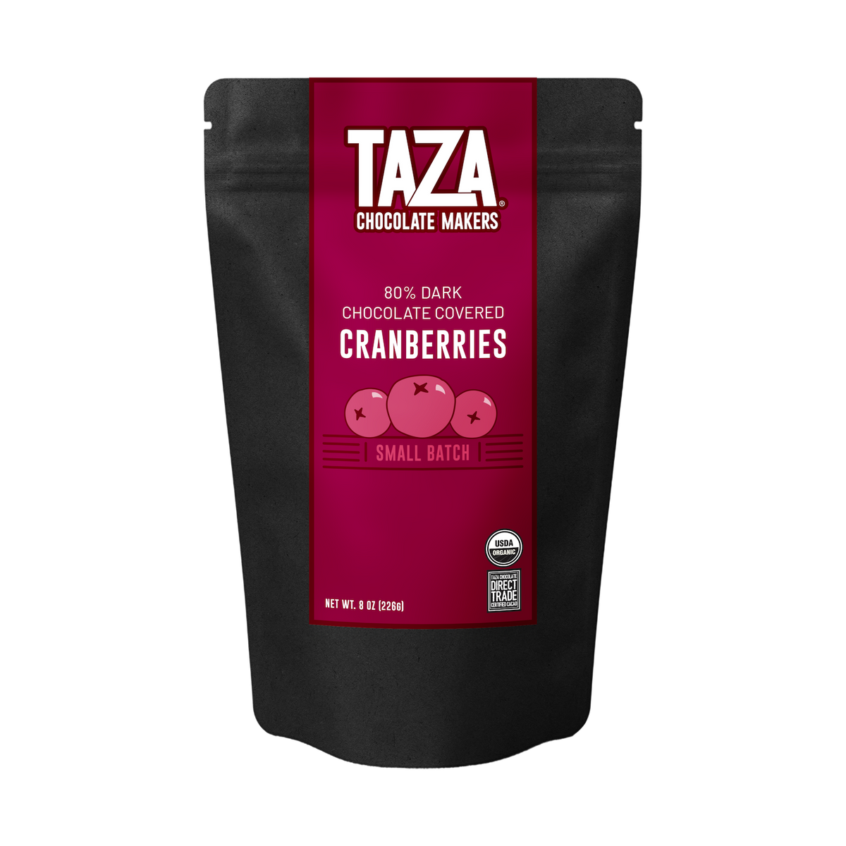 A black stand-up pouch of Taza Chocolate Makers 80% Dark Chocolate Covered Cranberries, featuring a prominent magenta label with white text and illustrations of cranberries.