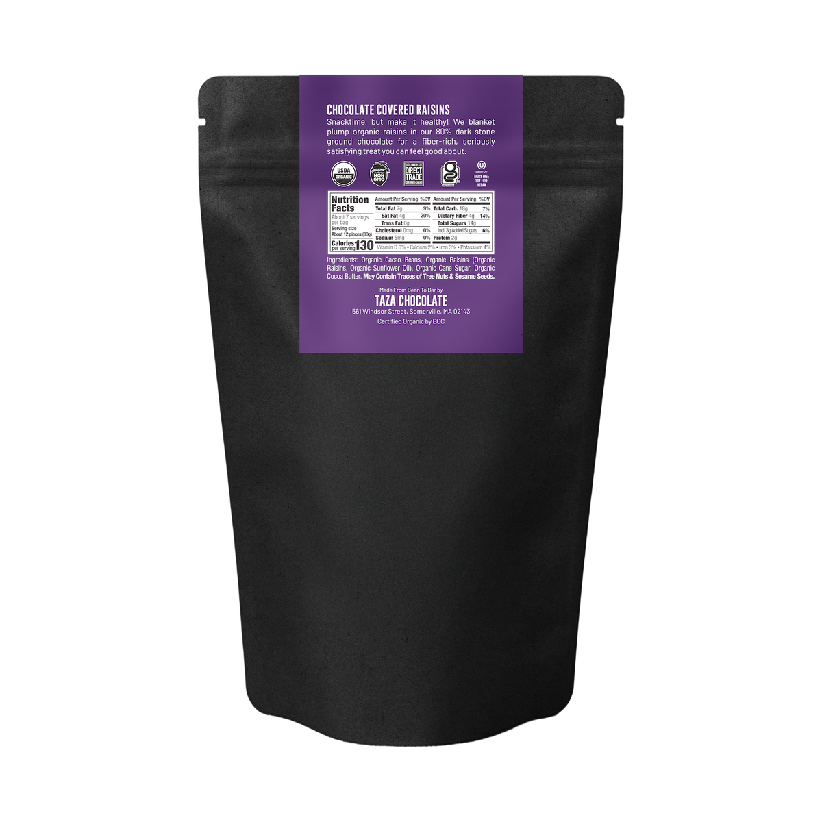 Back of a  black stand-up pouch of Taza Chocolate Organic Chocolate Covered Raisins, featuring a purple label with product details and nutrition facts on a white background.