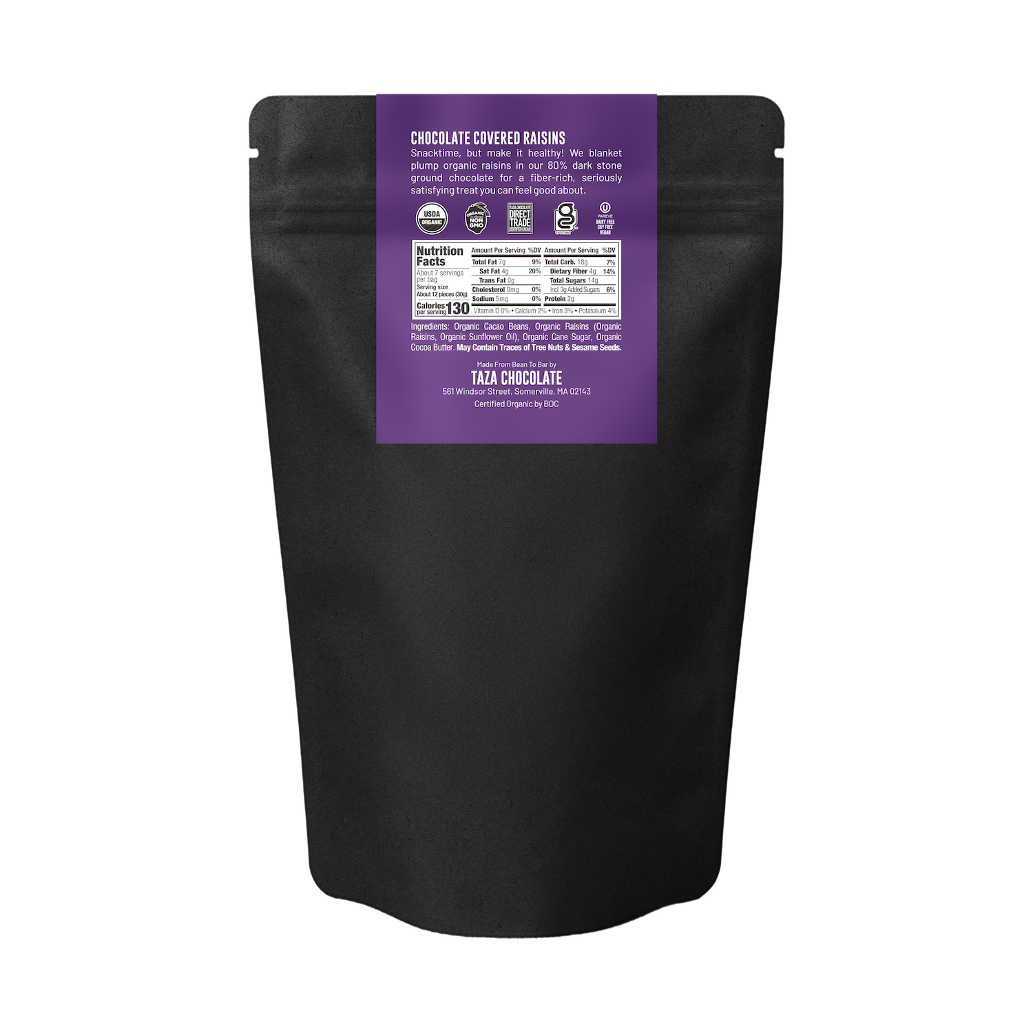Back of a  black stand-up pouch of Taza Chocolate Organic Chocolate Covered Raisins, featuring a purple label with product details and nutrition facts on a white background.