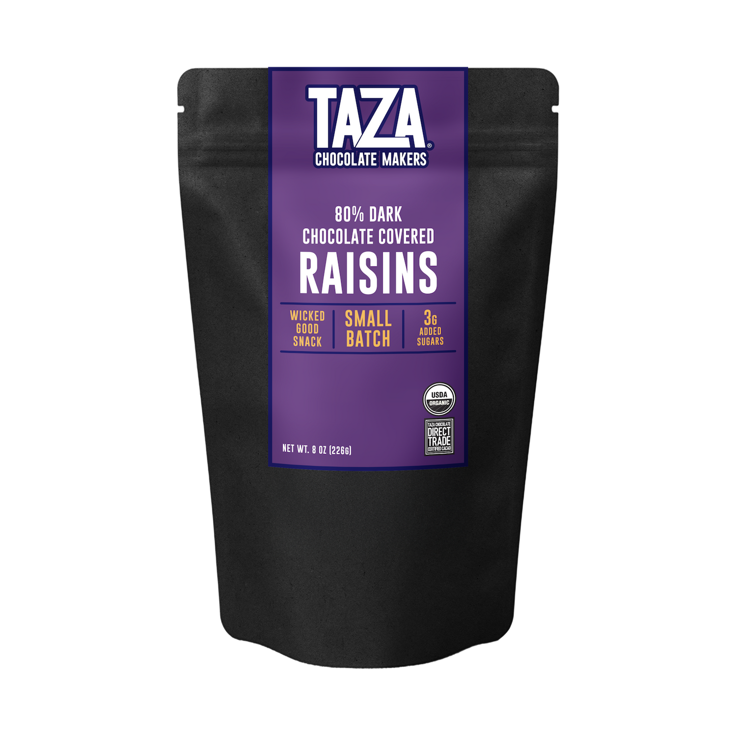 A black stand-up pouch of TAZA Chocolate Makers 80% Dark Chocolate Covered Raisins, featuring a prominent purple label with white and yellow text.