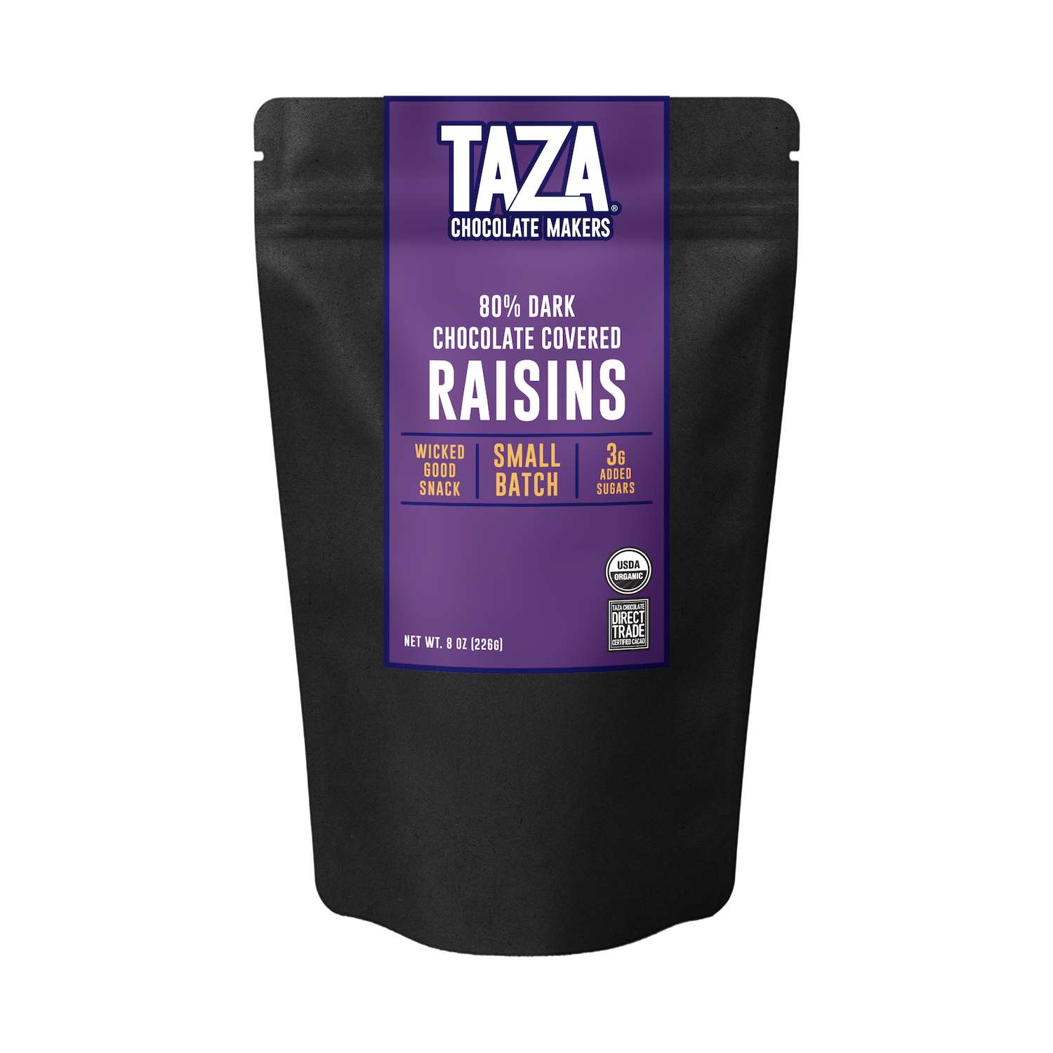 A black stand-up pouch of TAZA Chocolate Makers 80% Dark Chocolate Covered Raisins, featuring a prominent purple label with white and yellow text.