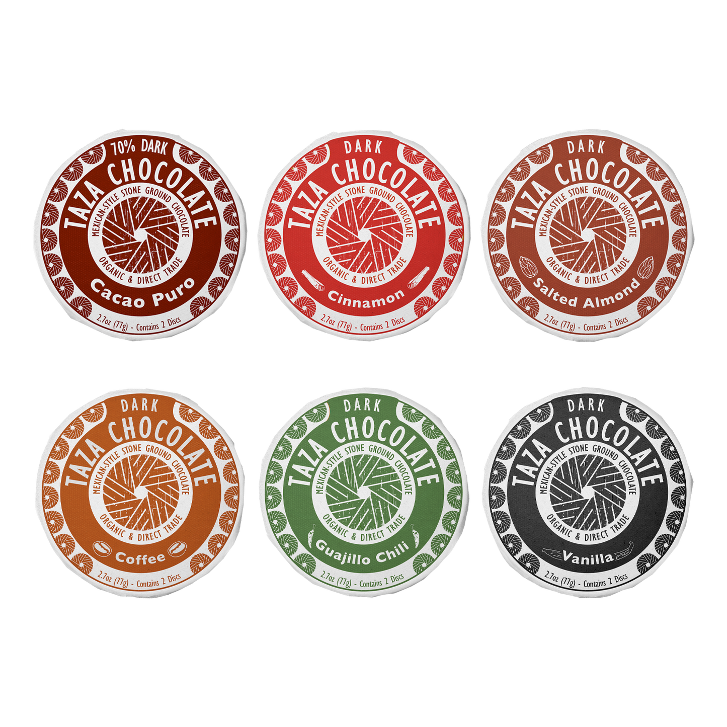 Chocolate Disc Party Pack flavors: Cacao Puro, Cinnamon, Salted Almond, Coffee, Guajillo, Vanilla
