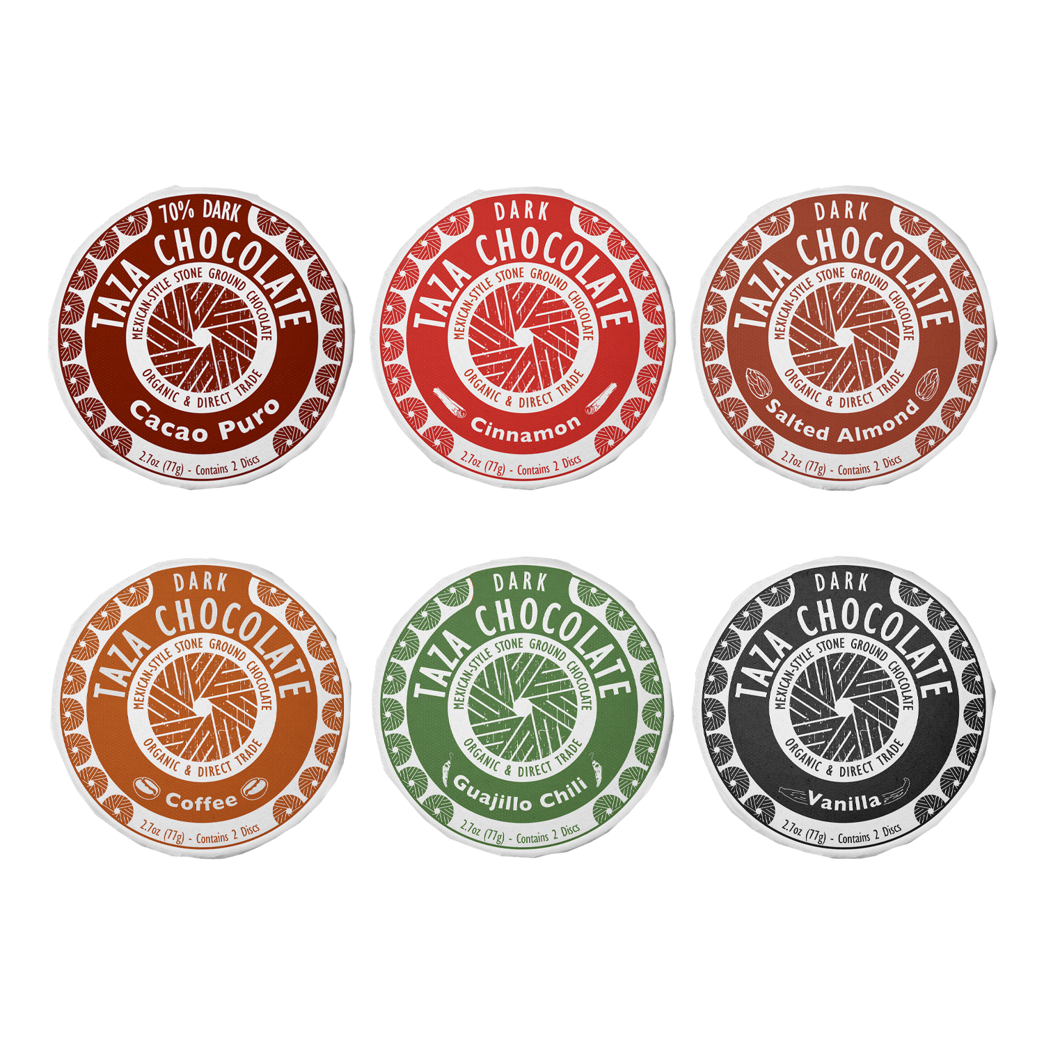 Chocolate Disc Party Pack flavors: Cacao Puro, Cinnamon, Salted Almond, Coffee, Guajillo, Vanilla