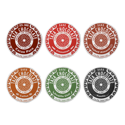 Chocolate Disc Party Pack flavors: Cacao Puro, Cinnamon, Salted Almond, Coffee, Guajillo, Vanilla
