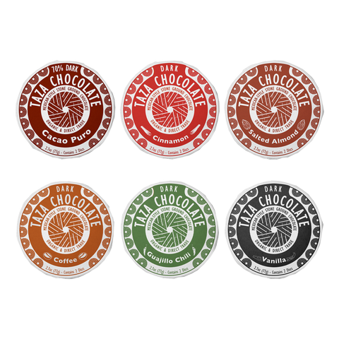 Chocolate Disc Party Pack flavors: Cacao Puro, Cinnamon, Salted Almond, Coffee, Guajillo, Vanilla