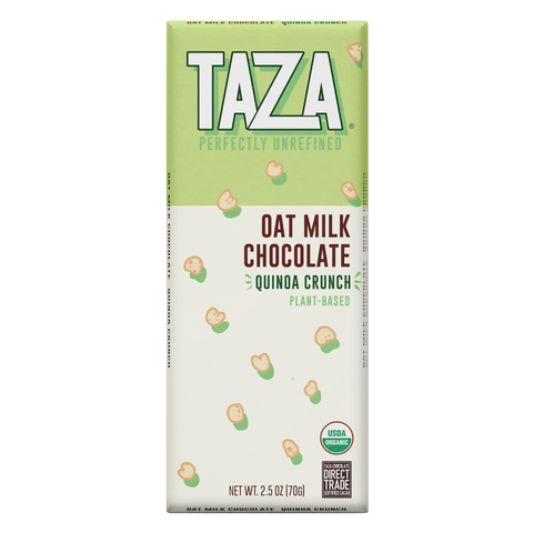 Taza Oat Milk Chocolate Bar with Quinoa Crunch, smooth creamy dairy free vegan chocolate