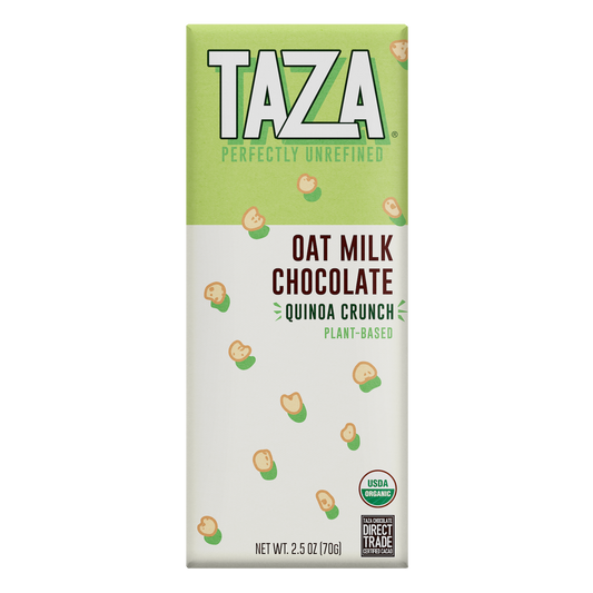 Taza Oat Milk Chocolate Bar with Quinoa Crunch, smooth creamy dairy free vegan chocolate