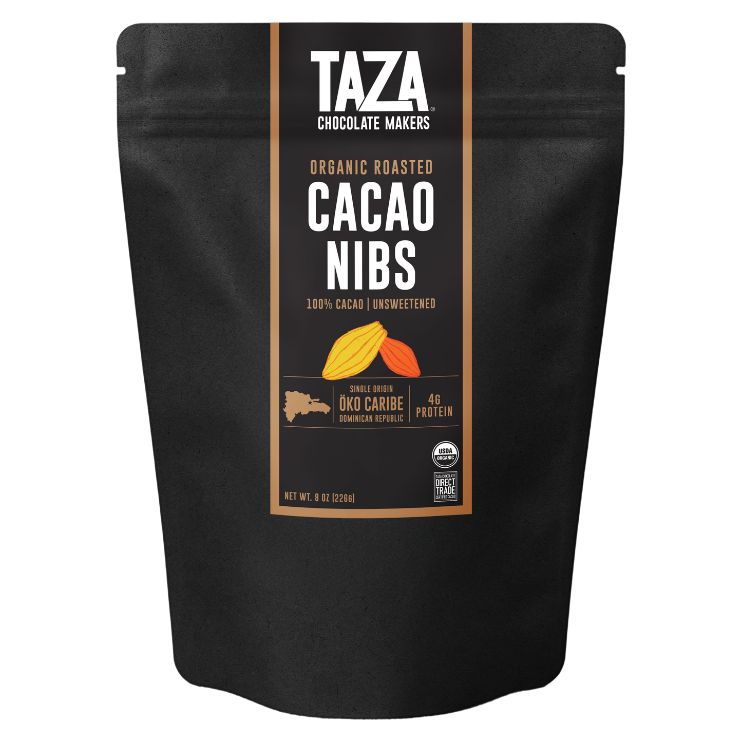 Taza Chocolate Makers organic roasted cacao nibs packaging on a white background