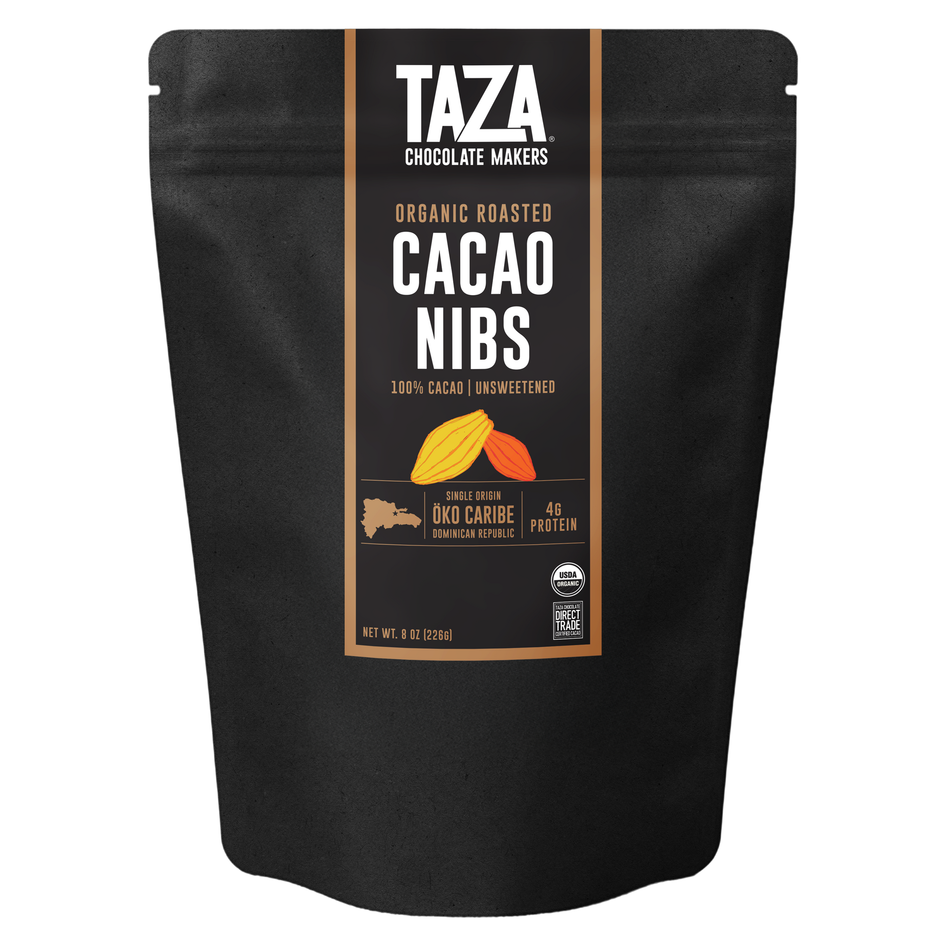 Taza Chocolate Makers organic roasted cacao nibs packaging on a white background