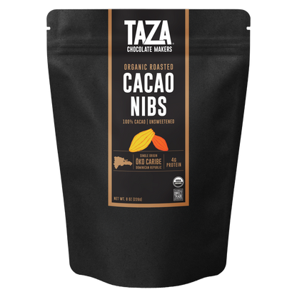 Taza Chocolate Makers organic roasted cacao nibs packaging on a white background