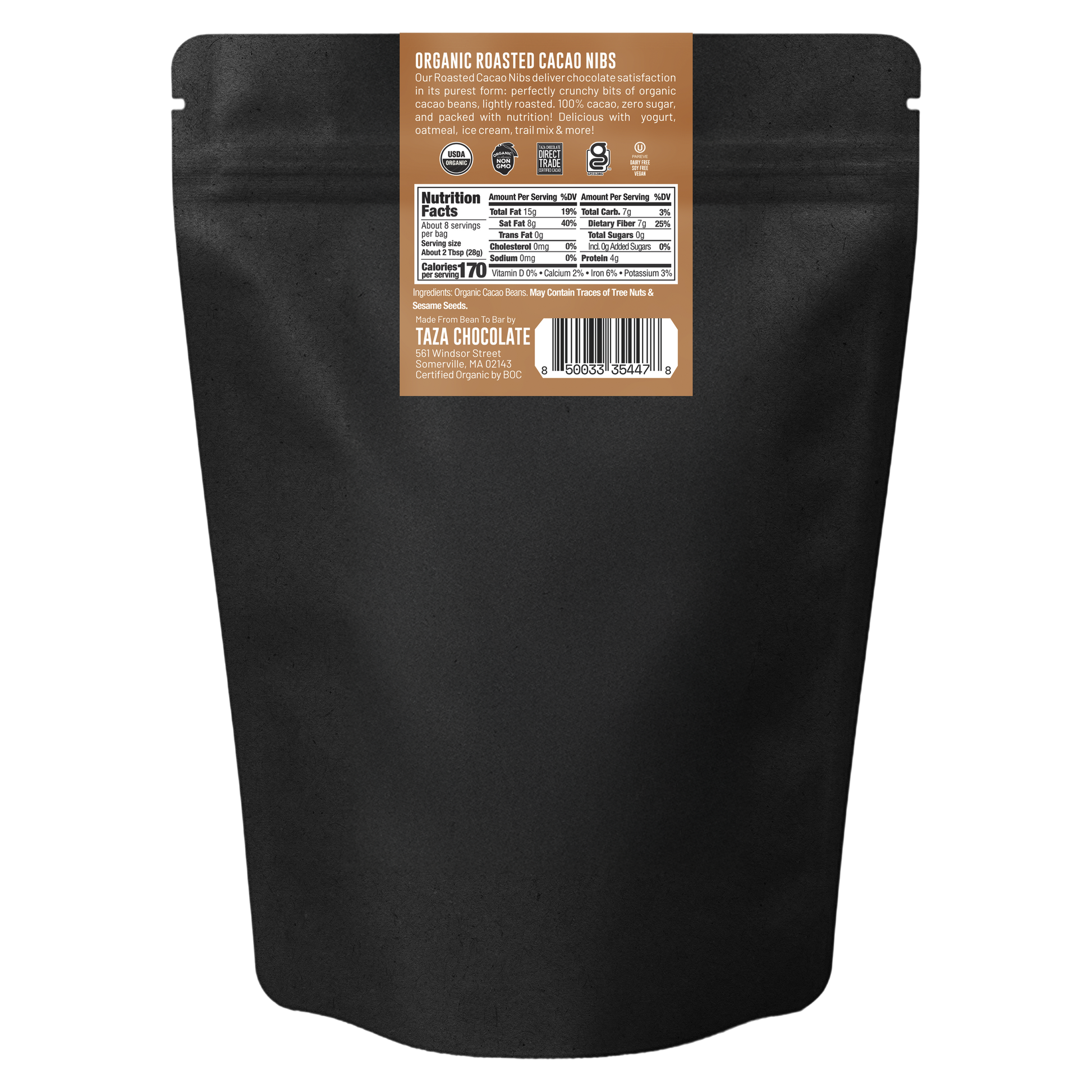 Black package of Taza Chocolate Roasted Cacao Nibs with a label on a white background