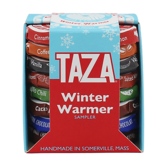 Taza Winter Warmer chocolate sampler packaging on a white background