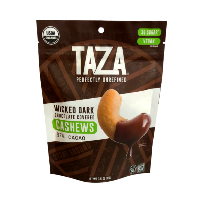 Taza Wicked Dark Chocolate Covered Cashews in resealable pouch
